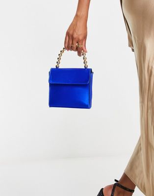 ASOS DESIGN crossbody bag with gold beaded top handle and detachable strap in blue satin