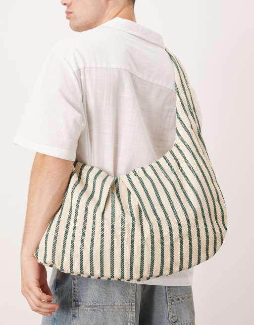 ASOS DESIGN - Crossbody slingtas van canvas in ecru met groene strepen, 4 van 4