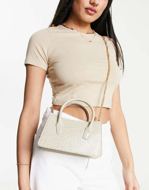 ASOS DESIGN - Crossbody tas met krok-effect, dubbel handvat en afneembare crossbody riem in stone 