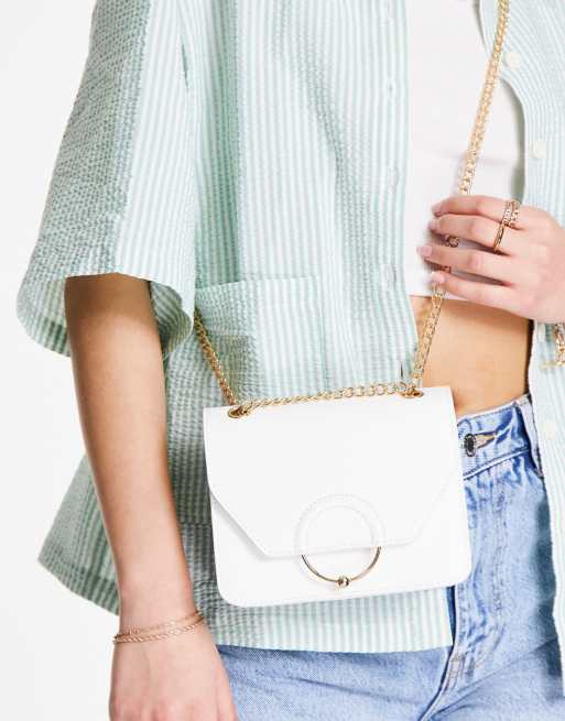 ASOS DESIGN Crossbody tas met ring met balletje en verwisselbaar kettinghengsel in wit