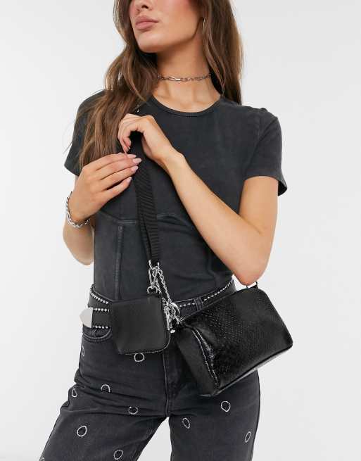 ASOS DESIGN - Crossbodytas met meerdere buidelzakken in zwarte slangenprint