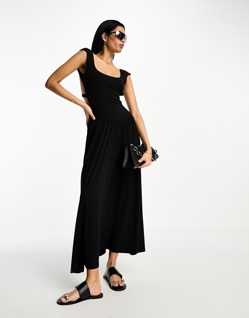 ASOS DESIGN crossed back capped sleeve midi dress with volume skirt in black
