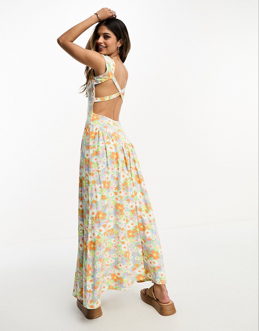 ASOS DESIGN crossed back capped sleeve midi dress with volume skirt in vintage ditsy-Multi