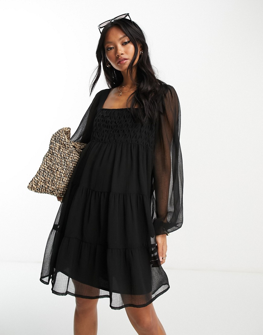 ASOS DESIGN crosshatch square neck mini smock dress with trim detail in black