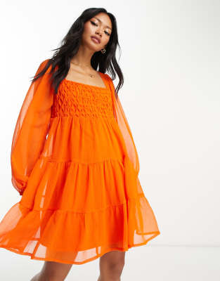 ASOS DESIGN ASOS DESIGN crosshatch square neck mini smock dress with trim detail in hot coral-Red
