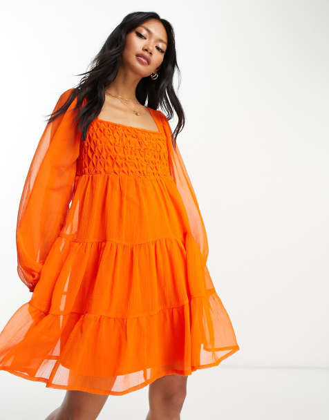 ASOS DESIGN crosshatch square neck mini smock dress with trim detail in hot coral
