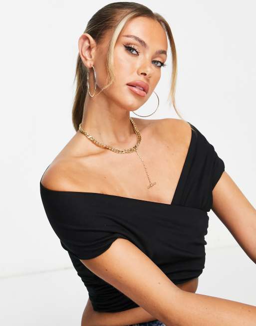 ASOS DESIGN crossover bardot top with short sleeve in black