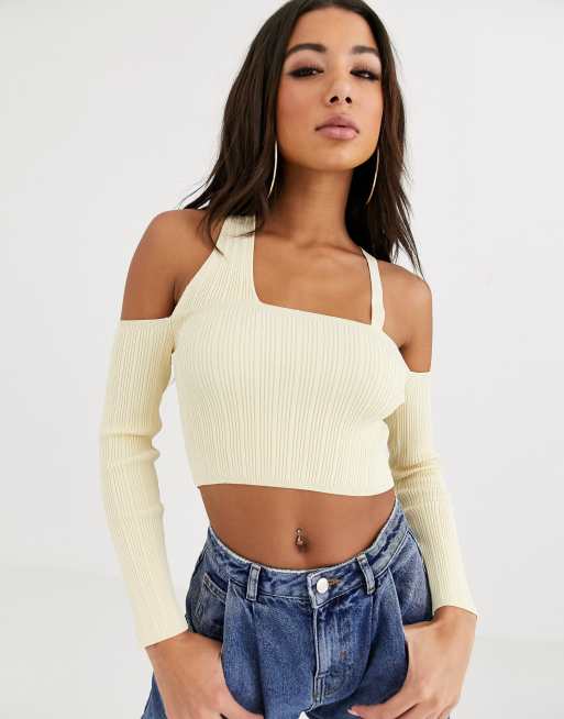 ASOS DESIGN long sleeve off shoulder crop top with skinny straps