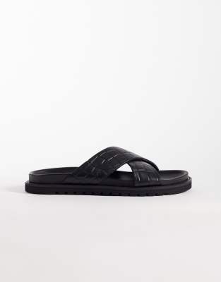 Asos Design Crossover Strap Sandals With Embossed Weave In Blue