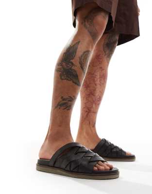 Asos Design Crossover Woven Sandals In Dark Brown Leather