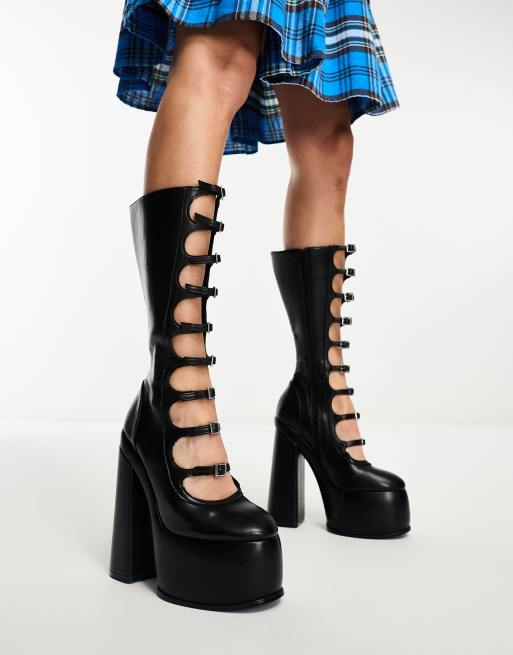 ASOS DESIGN Cruise multi strap knee high boots in black