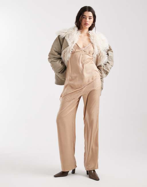 ASOS DESIGN crushed satin asymmetric hem lace trim cami in beige, 2 of 4