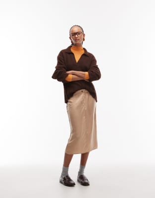 Asos Design Crushed Satin Awkward Length Midi Skirt In Brown