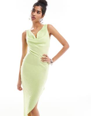 ASOS DESIGN crushed satin cowl neck mini dress with asymmetric hem in apple green