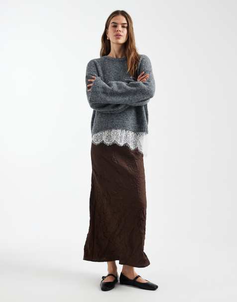 ASOS DESIGN crushed satin maxi skirt in chocolate - view 1