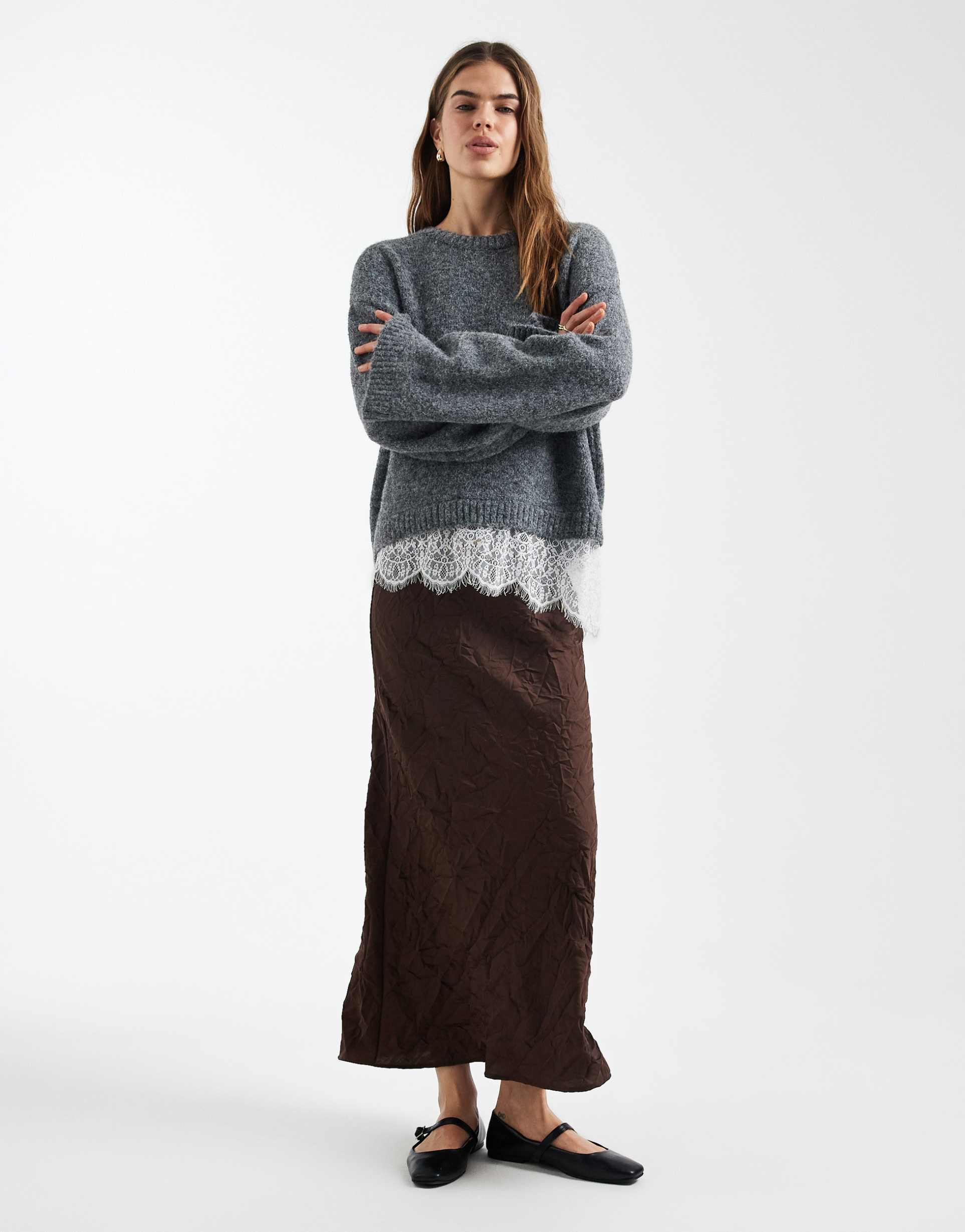 asos design crushed satin maxi skirt in chocolate