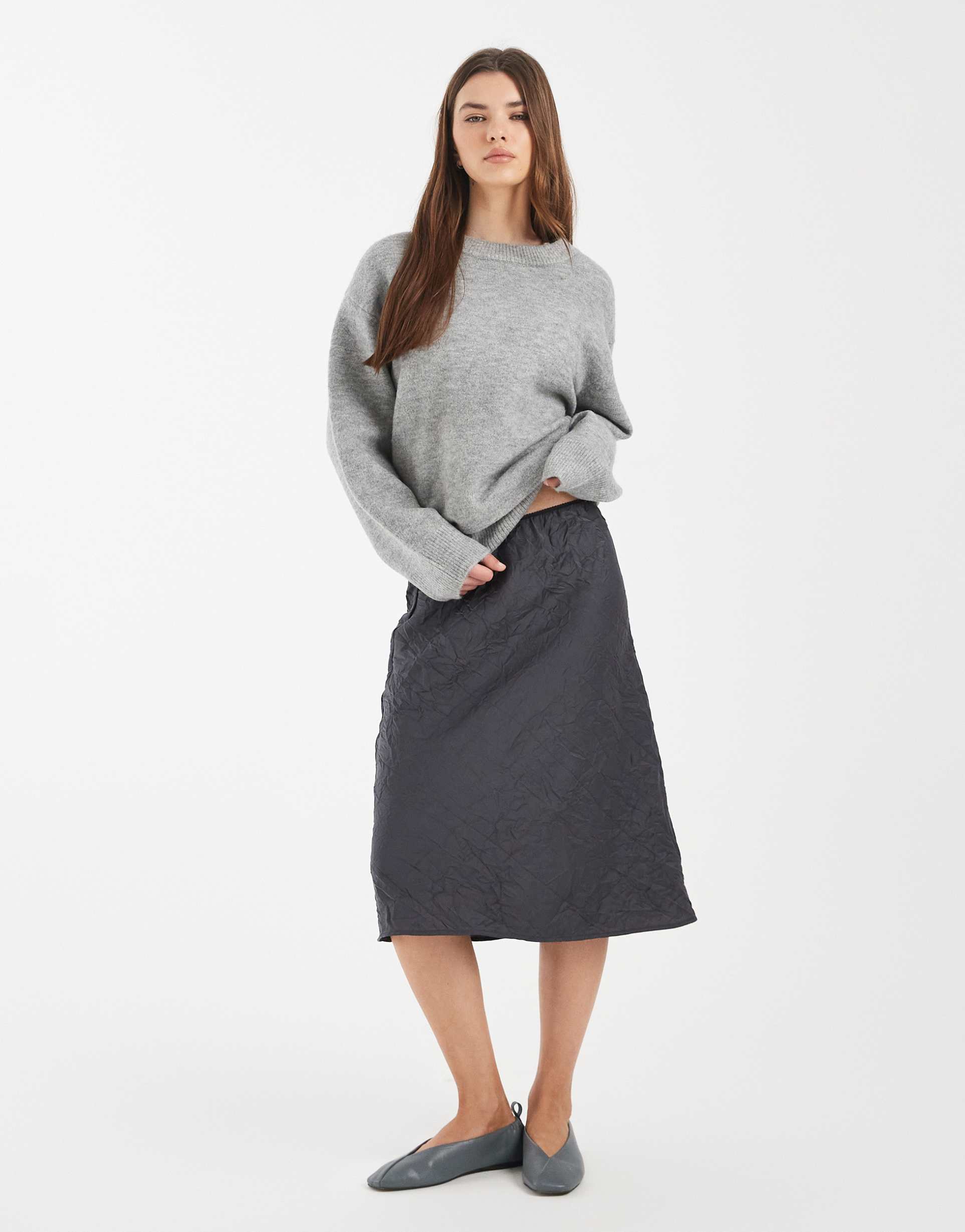 asos design crushed satin midi skirt in charcoal