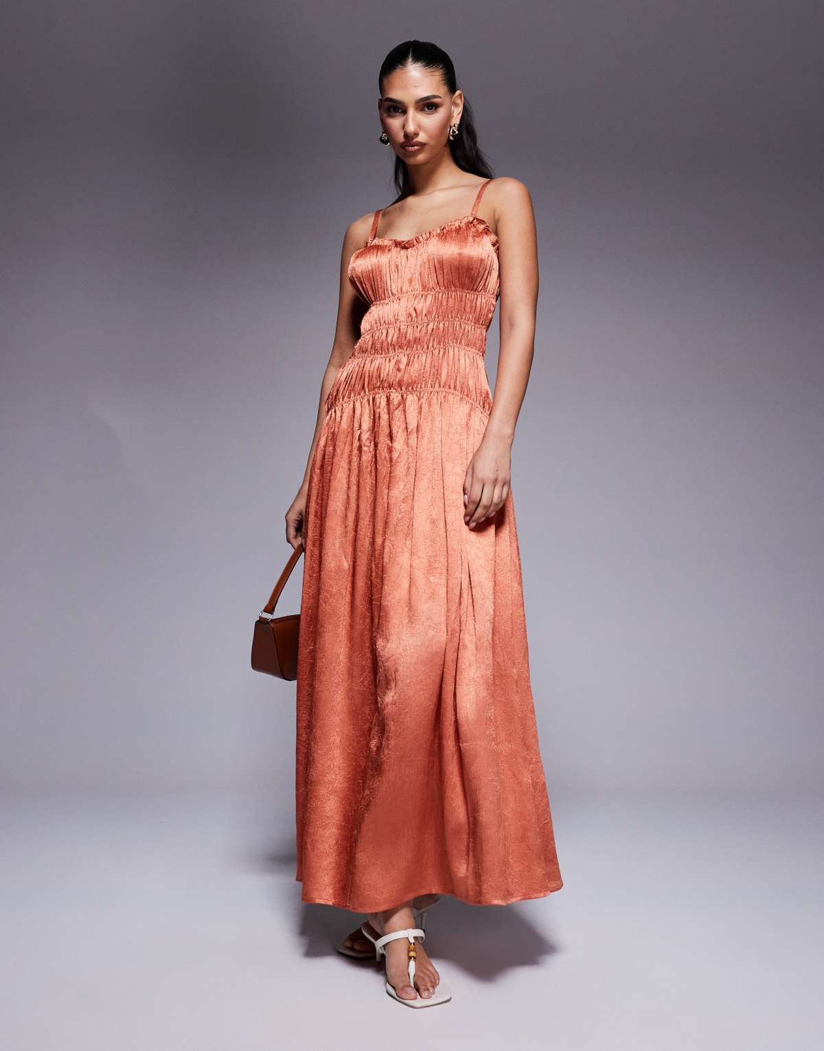 ASOS DESIGN crushed satin smocked bodice maxi dress in copper