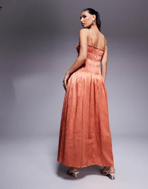 ASOS DESIGN crushed satin smocked bodice maxi dress in copper | ASOS