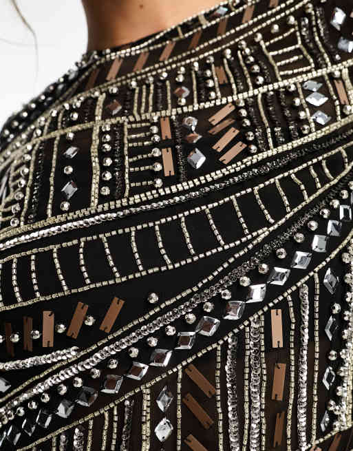 ASOS DESIGN crystal and bead embellished top with shoulder pad in black ...