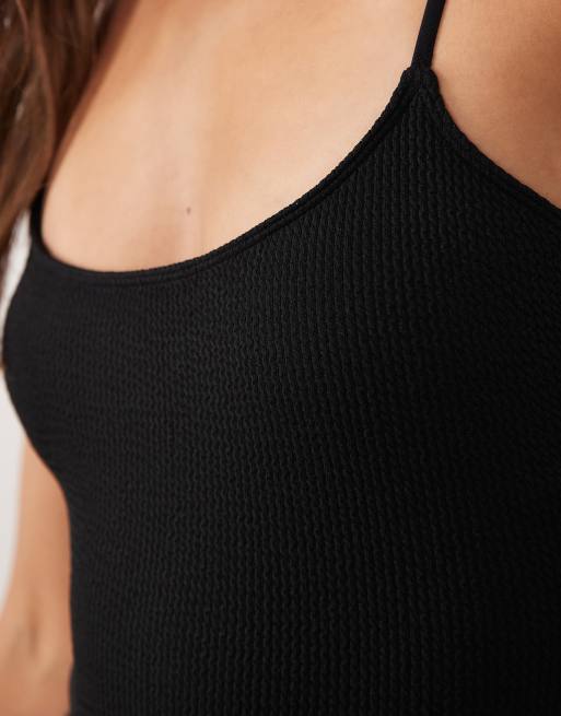ASOS DESIGN Crystal crinkle square neck cami swimsuit with pads in black, 2 of 4