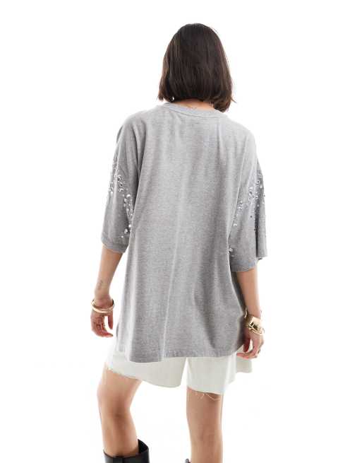ASOS DESIGN crystal embellished oversized t-shirt in gray | ASOS