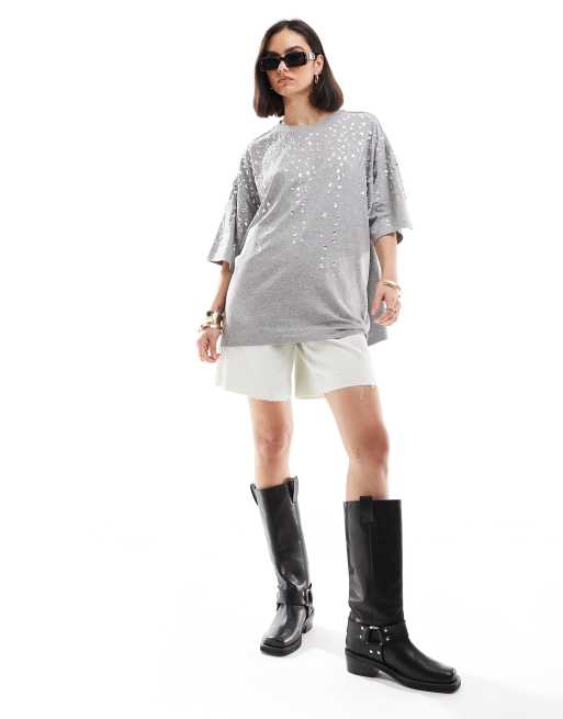 ASOS DESIGN crystal embellished oversized t-shirt in gray | ASOS
