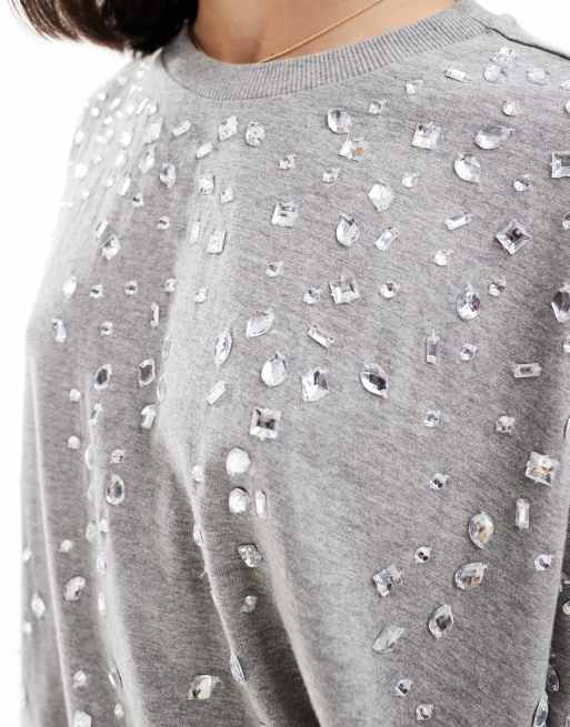 ASOS DESIGN crystal embellished oversized t-shirt in gray | ASOS