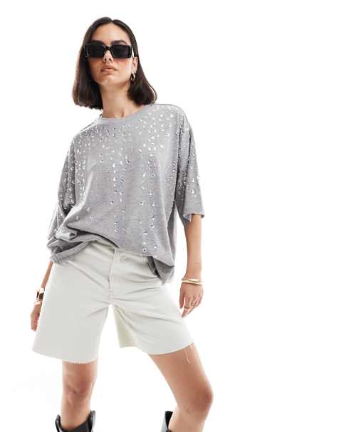 ASOS DESIGN crystal embellished oversized t-shirt in grey - view 1