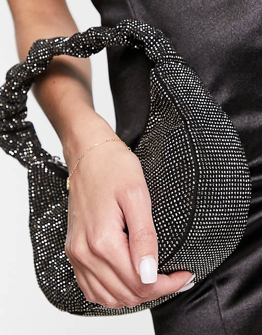 ASOS DESIGN crystal grab clutch bag with ruched handle in black