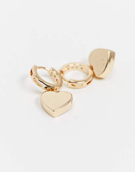 ASOS DESIGN crystal hoop earrings with pink heart charm in gold tone, 3 of 4