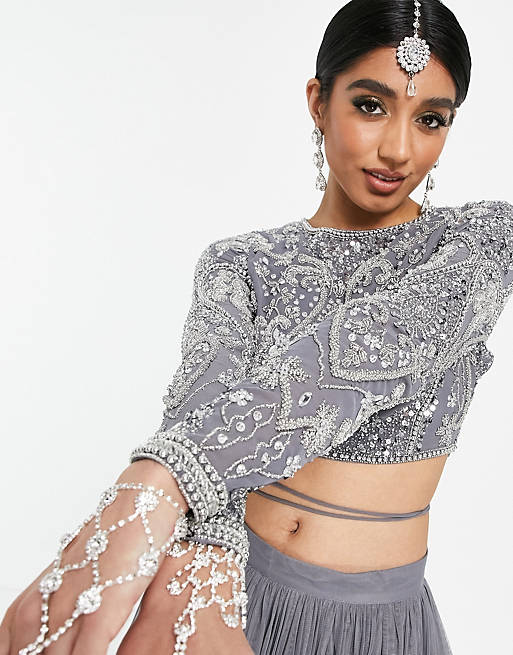 ASOS DESIGN Lehenga crystal placement crop top with open back