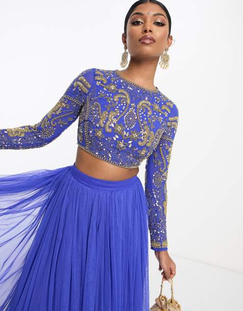 ASOS DESIGN crystal placement lehenga crop top in blue - view 1