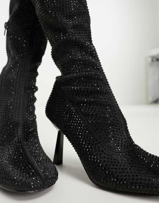 Sock Knee Boots in Black Rhinestone