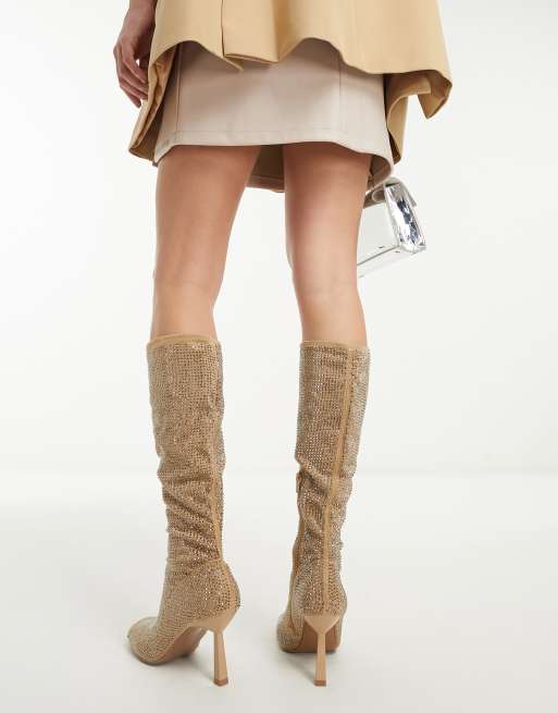 ASOS DESIGN Crystal sock knee boots in cream rhinestone