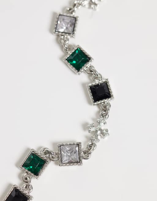 ASOS DESIGN crystal stone and cross bracelet in silver, 2 of 3