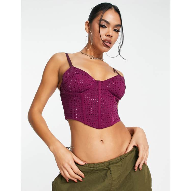 Buy Purple Fabric Embellished Off Shoulder Corset Crop Top For