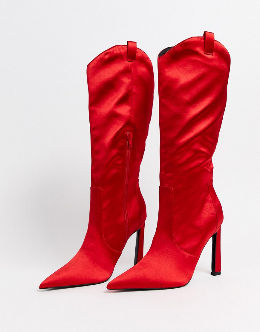 ASOS DESIGN Crystal western knee high boots in red satin