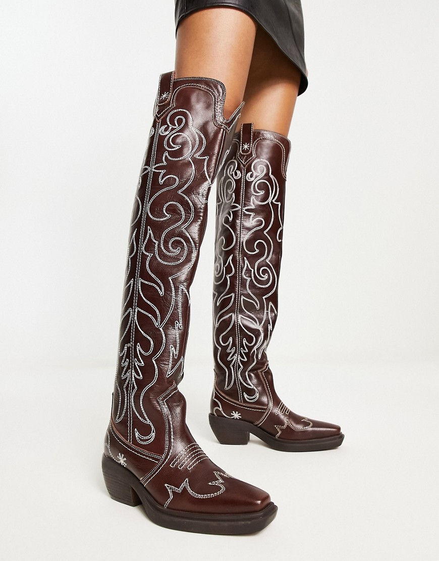 ASOS DESIGN Cuba premium leather swirl stitch western knee boot in brown