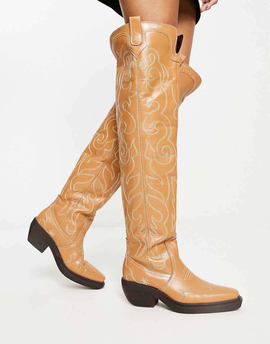 ASOS DESIGN Cuba premium leather swirl stitch western knee boot in camel-Brown