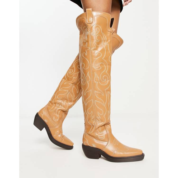 ASOS DESIGN Cuba premium leather swirl stitch western knee
