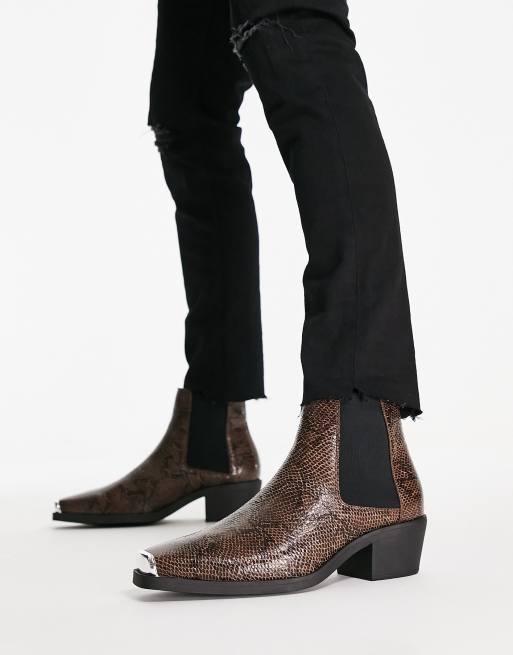 ASOS DESIGN cuban boot in faux snake print with toecap in brown | ASOS