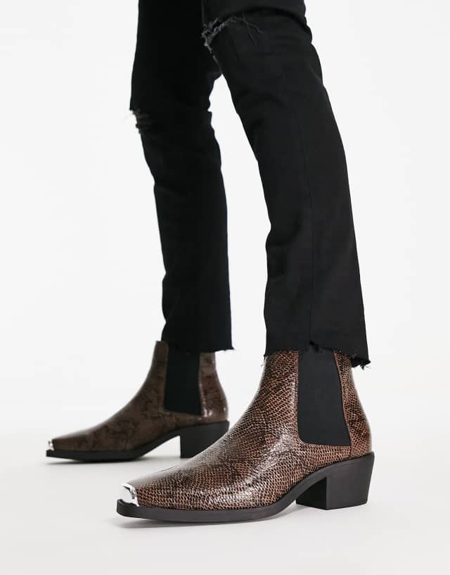 ASOS DESIGN Cuban boot in faux snake print with toecap in brown