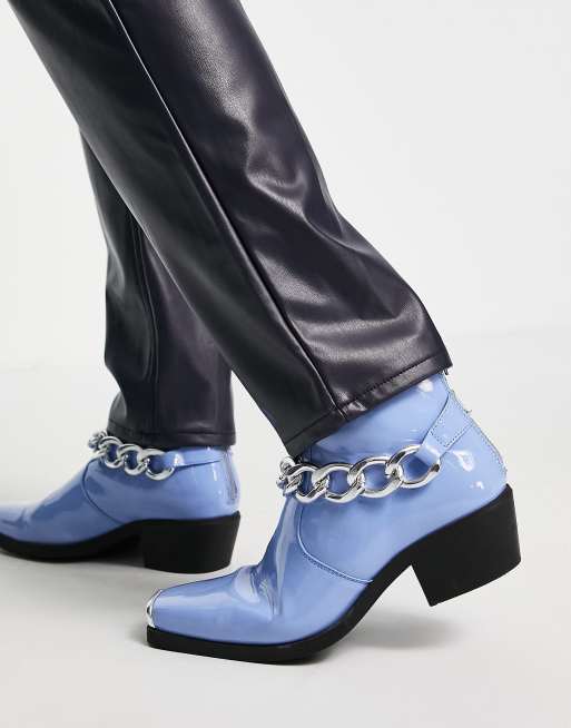 ASOS DESIGN cuban chelsea boot in blue patent faux leather with silver chain, 2 of 4