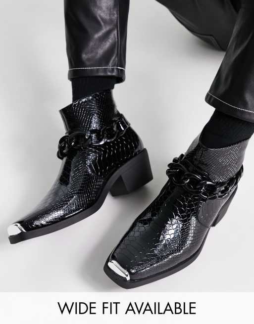 ASOS DESIGN cuban chelsea boots in black patent lizard faux leather with black chain