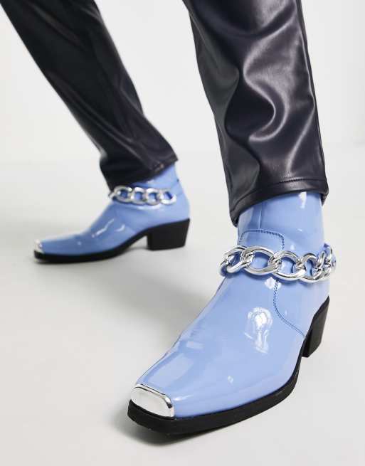ASOS DESIGN Cuban Chelsea boots in blue patent faux leather with silver chain, 3 of 4