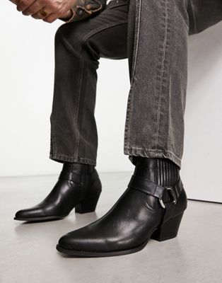 Asos Design Cuban Chelsea Boots With Buckle Detail In Black Faux Leather