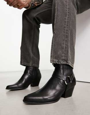 Asos Design Cuban Chelsea Boots With Buckle Detail In Black Faux Leather