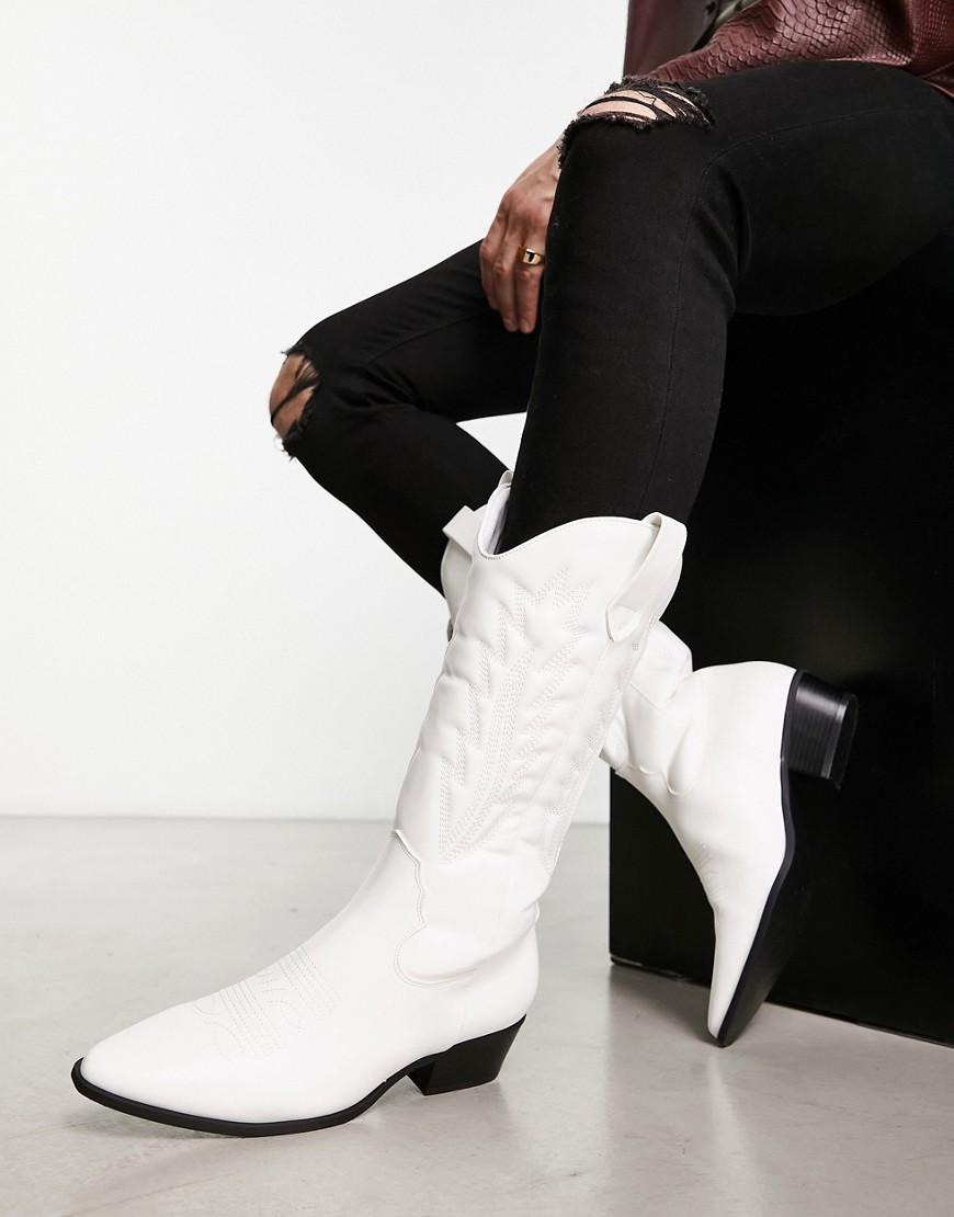 Asos Design Cuban Cowboy Boots In White Faux Leather With Contrast Sole-neutral