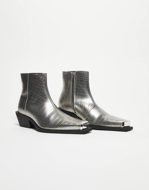 ASOS DESIGN cuban heel chelsea boots in silver faux croc - view 1